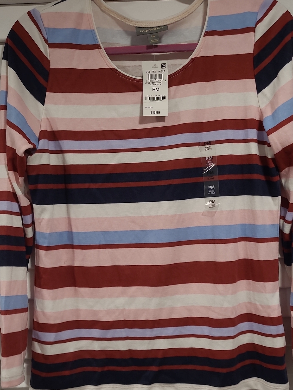 Style & Co. Striped Long-Sleeve Tee in Red, Navy & Light Pink